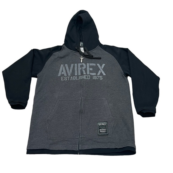 Avirex Vintage Black Gray Big Logo Y2K Zip Front Hoodie Jacket XL - Picture 1 of 7
